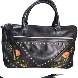 Torrid Black Faux Leather Studded Floral Embroidered Satchel Crossbody Bag Large